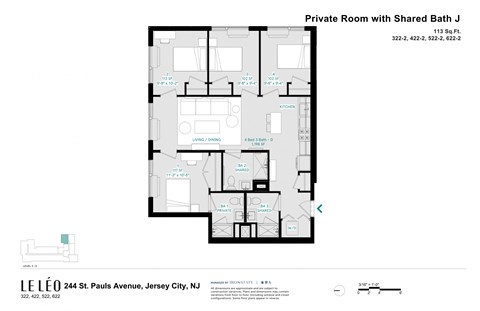A floor plan of a private room with a shared bathroom.